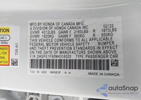 2022 Honda Civic Touring из США, поврежденный, VIN 2HGFE1F90NH316025